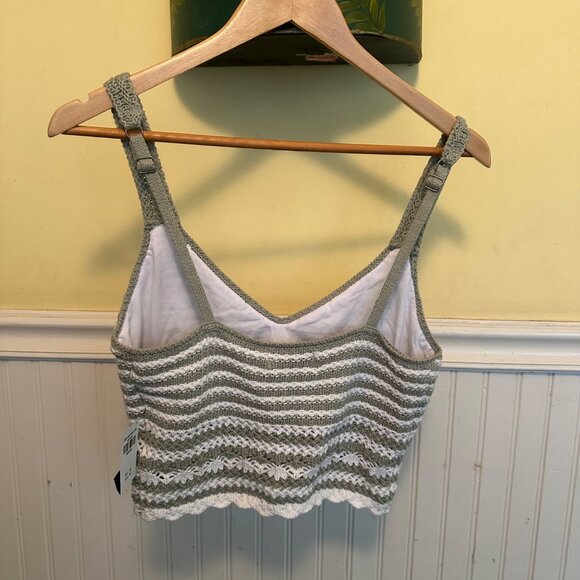 Hollister Crochet Knit Striped Tank Top M Green & White Cotton Blend NWT - Picture 2 of 6